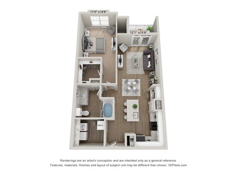 Floor plan for 1 bed, 1 bath, 870 sqft